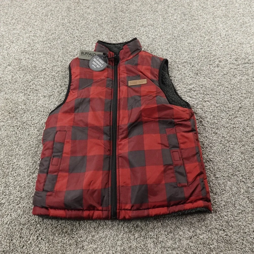 NEW Buffalo David Bitton Vest Kids S 7-8 Red Plaid Reversible Sherpa Lined Youth
